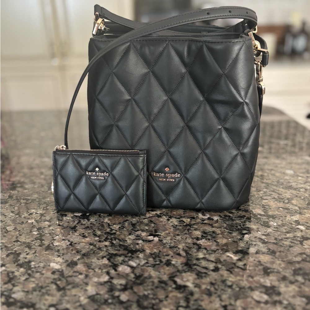 Kate Spade Black Quilted Carey Bucket Bag with Wallet - Picture 1 of 9